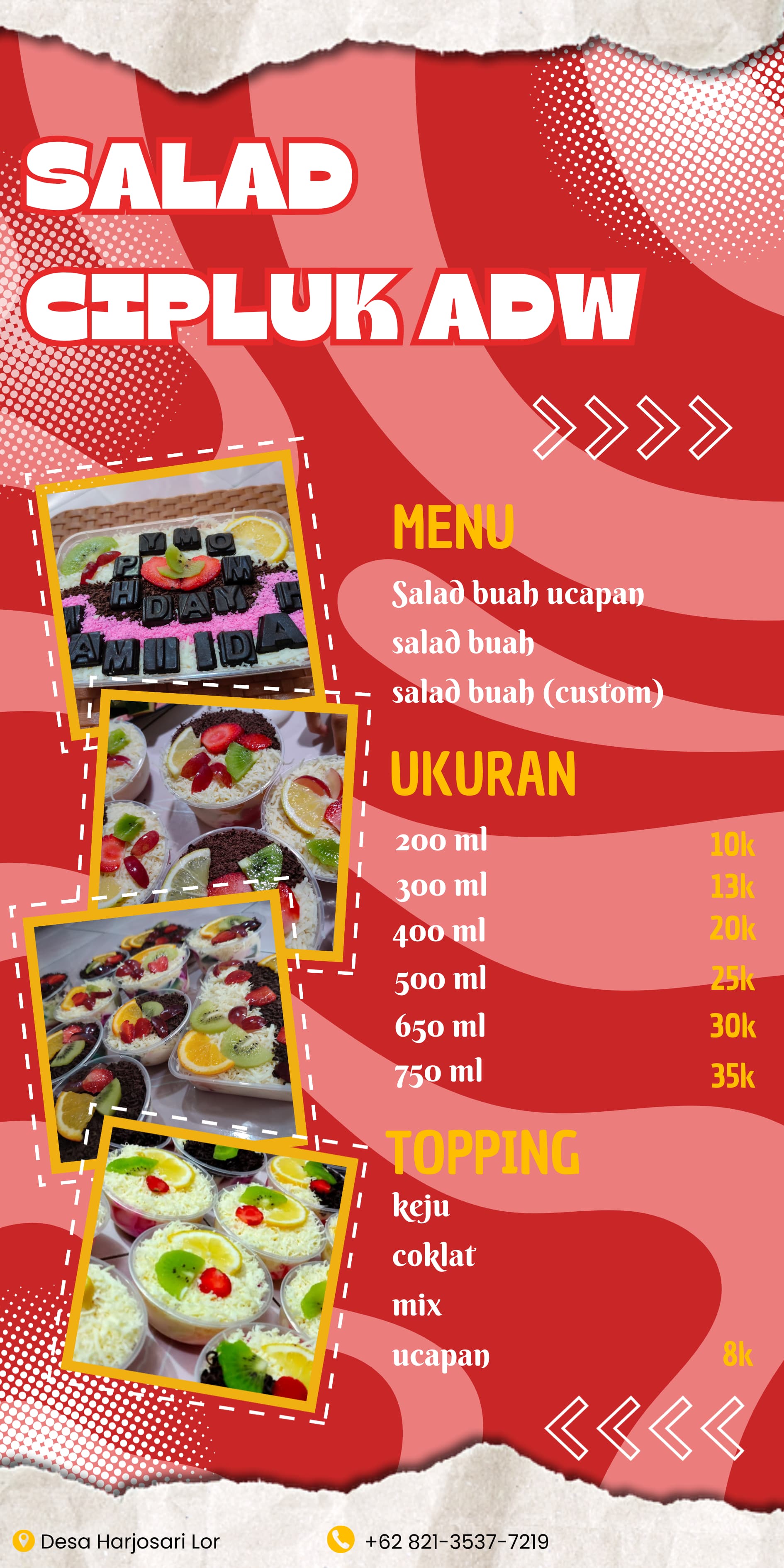 Salad buah isian varian buah semangka melon apel pier anggur naga jelly saus krimi  keju atau coklat sesuai selera